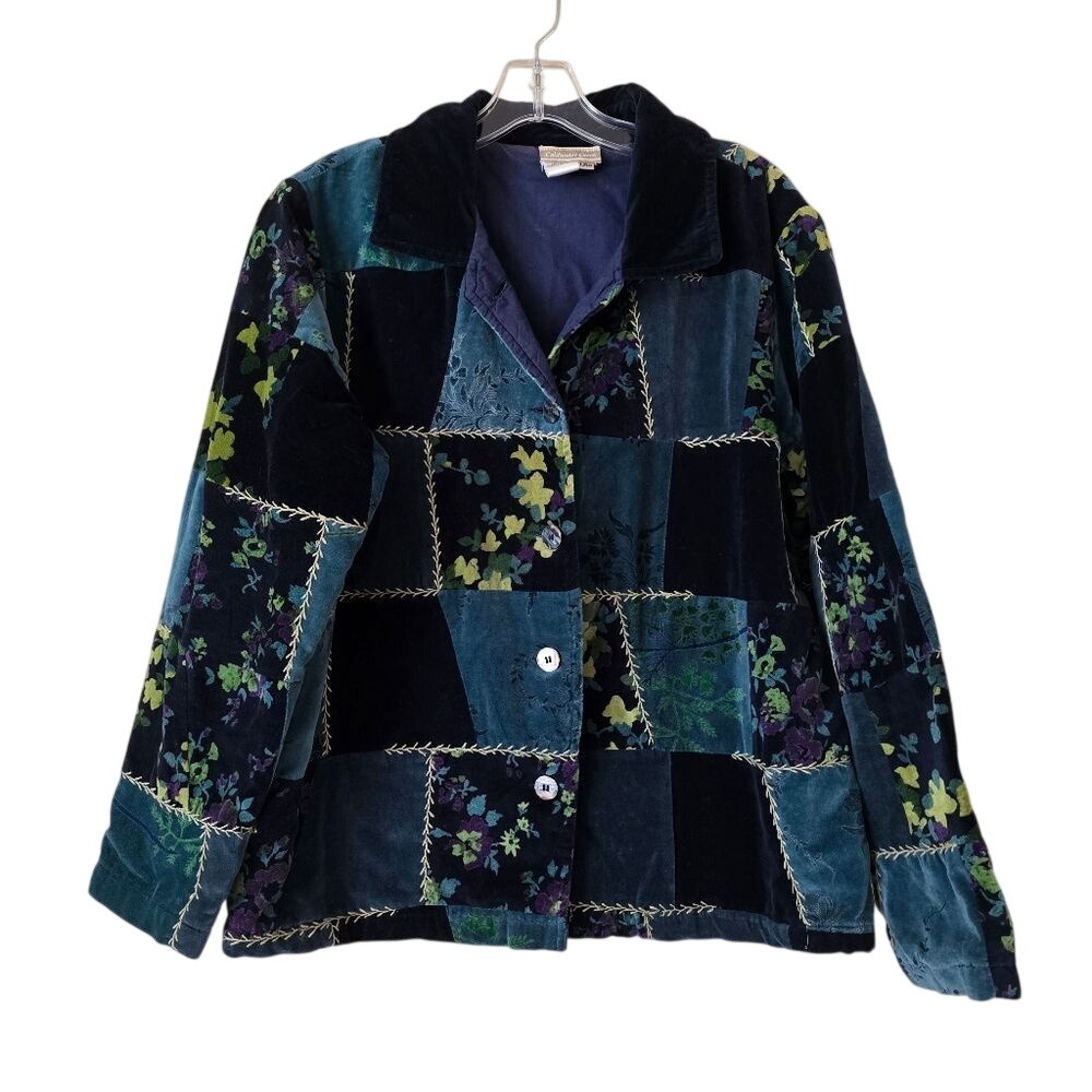Vintage Coldwater Creek Velvet Floral Patchwork Blazer Jacket Blue Green Size L